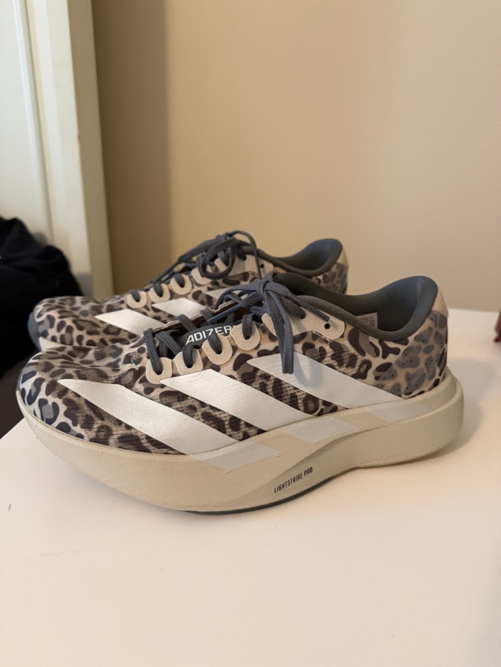 adidas Adizero lightstrike pro Leopard Print Running Shoes in Gray and Beige